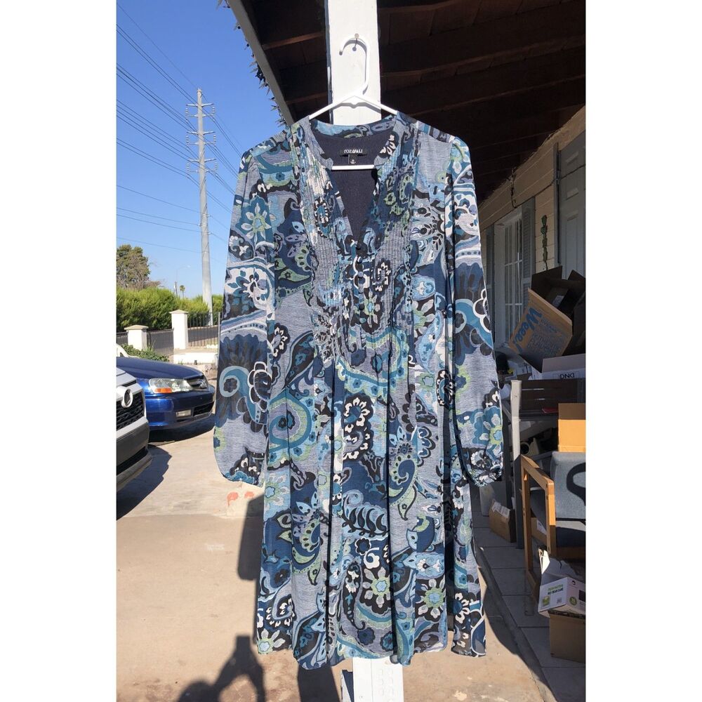 Roz & Ali Blue Paisley Floral Boho Lined Shift Dress Long Sleeve Casual Size 10